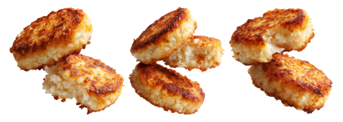 Set of Crispy golden fried sago  cakes isolated on white transparent background, concept of Papua New Guinea breakfast food