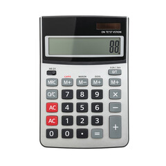 A standard desktop calculator with a digital display and numerous buttons isolated on transparent background