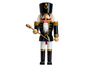 A standing wooden soldier figurine with a black uniform and gold accents