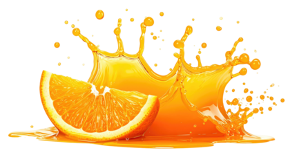 Orange slice beside a splash of bright orange liquid