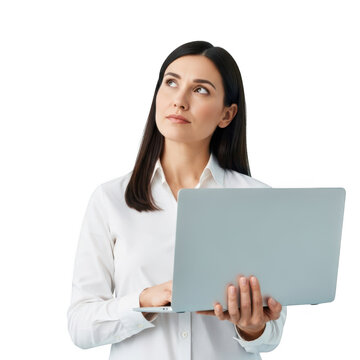 Young woman holding laptop and looking puzzled isolated on transparent background isolated on transparent background