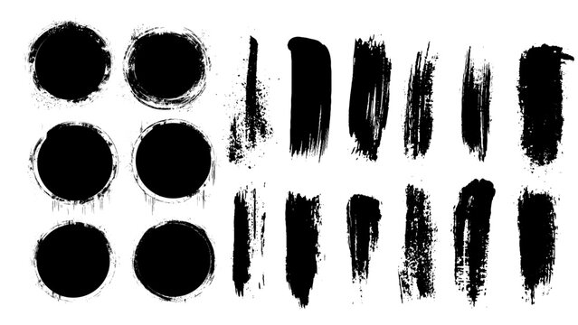 Collection of black ink circular brushstrokes and paint splatters, varying textures and densities, isolated on white background. Perfect design elements.