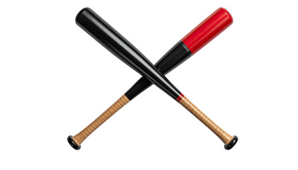 Two crossed baseball bats, one red-tipped, on a black background