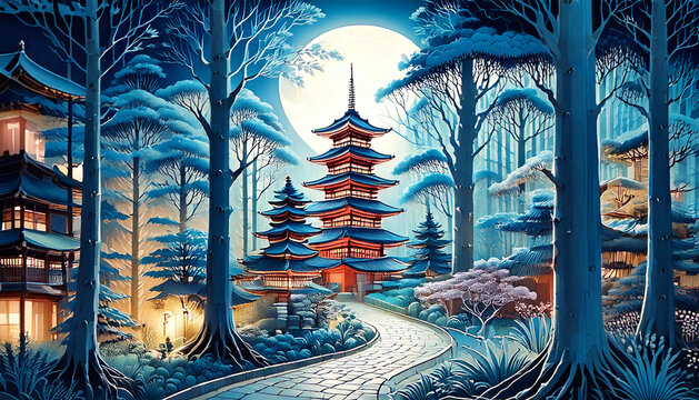 pagoda at night light up from behind with a beautiful Japen's garden and a light 