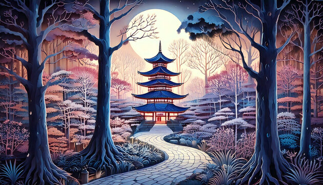 pagoda at night light up from behind with a beautiful Japen's garden