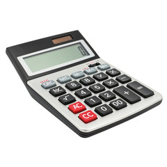 A silver and black desktop calculator with a digital display and red function buttons isolated on transparent background