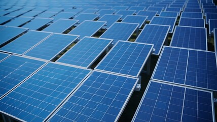 Close-up of Solar cell farm power plant eco technology.landscape of Solar cell panels in a photovoltaic power plant. Clean energy and sustainability concept  renewable energy blue tone.