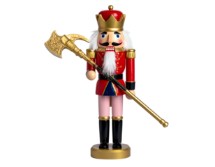 A brightly colored wooden nutcracker soldier figure, gold axe held, isolated on black