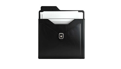 A black, leather-like folder with a clasp holds several white papers against a black backdrop