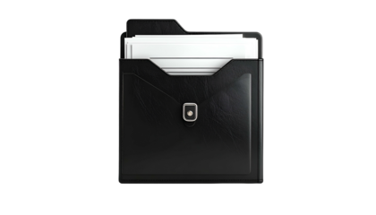 A black, leather-like folder with a clasp holds several white papers against a black backdrop