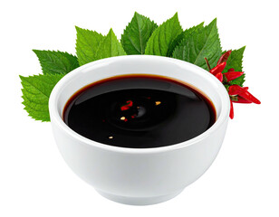 A white bowl of dark sauce, garnished with herbs and red chili peppers