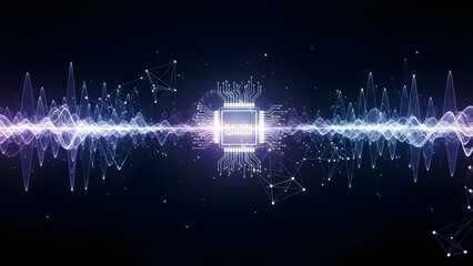 Futuristic Microchip Processing Digital Information Waves