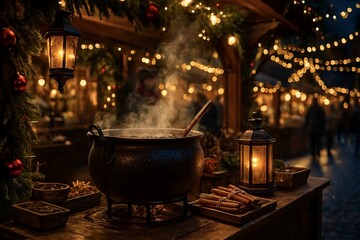 Magical Christmas Cauldron with Steaming Mulled Wine Surrounded by Lanterns and Holiday Lights
