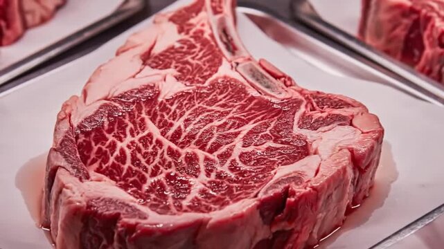 A raw ribeye steak displayed on a white plate in a butcher shop counter, close-up view