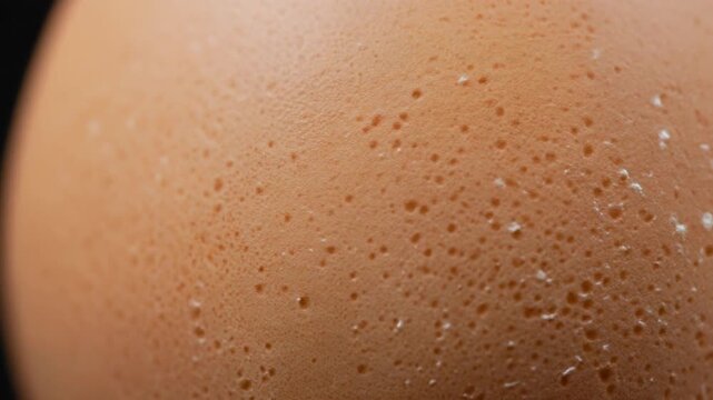 Macro close-up shot of a brown chicken egg with visible pores and texture, showcasing natural imperfections and organic surface details