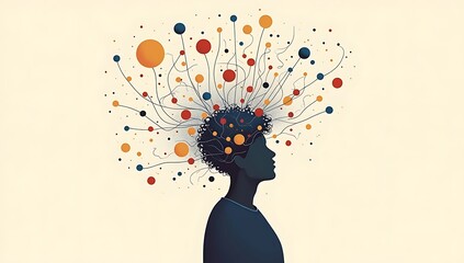 Editorial illustration of a person surrounded by tangled abstract lines and floating symbols around the head, representing overthinking and mental noise, modern flat illustration style, soft neutral c