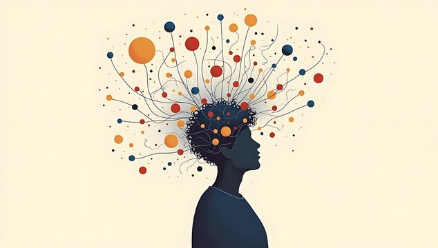Editorial illustration of a person surrounded by tangled abstract lines and floating symbols around the head, representing overthinking and mental noise, modern flat illustration style, soft neutral c