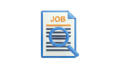 3D Job search icon: document with magnifying glass on transparent background