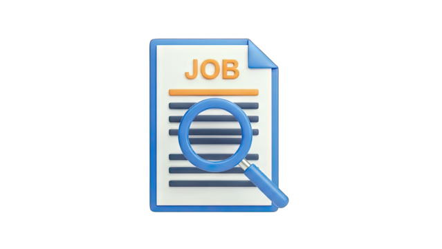 3D Job search icon: document with magnifying glass on transparent background - Powered by Adobe