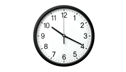 A simple round clock with black frame and white face, hands showing a quarter after ten