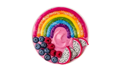 Colorful fruit rainbow with pink yogurt center isolated on transparent background