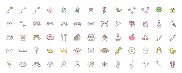 かわいいアイコンセットのベクターイラスト。飾り、花、お菓子、リボン、犬、ひよこ © chie
