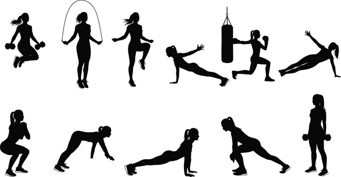 Collection of female fitness athlete silhouettes in various gym poses, woman workout set, training with weights, jump rope and boxing vector illustration, exercise icons