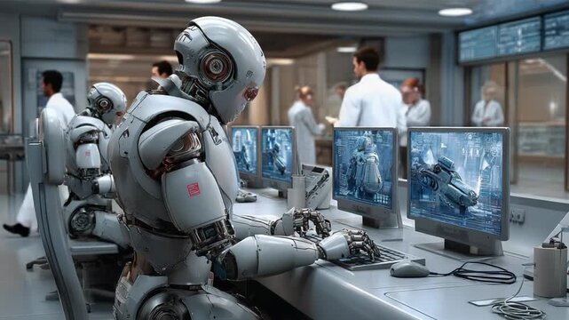 Technological Progress: a humanoid robot operates within a futuristic laboratory setting, showcasing the fusion of human and machine. In the background, scientists work on computers.