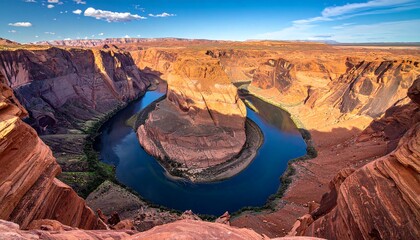 A stunning aerial view of a horseshoe-shaped canyon carved by a river in arid terrain