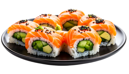 Close-up of sushi rolls with salmon, avocado, and black sesame on a black plate