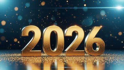 gold 3d 2026 numbers on reflective surface with bokeh lights