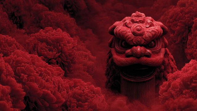 Vibrant red lion dance among peony blossoms for chinese new year celebration