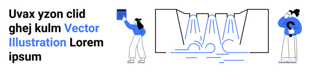 Technology workflow, digital processes, teamwork, innovation, data management, futuristic solutions. Two figures interacting near data graphics and elements. Technology workflow and digital processes