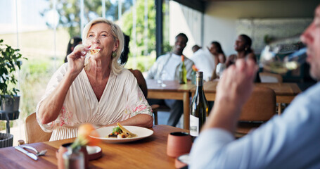 Alcohol, couple and date with woman in restaurant together for anniversary, bonding or...