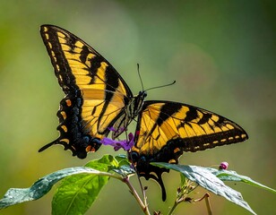 A stunning swallowtail butterfly, yellow and black, on a flower, with a blurred green background