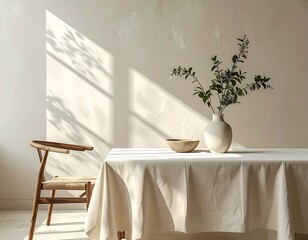 Serene interior scene showcasing a wooden chair, draped table, vase, and bowl bathed in sunlight. Neutral tones create calm