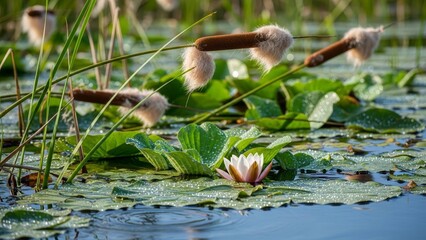 Celebrating world wetlands day with water lilies and cattails in a vibrant wetland scene