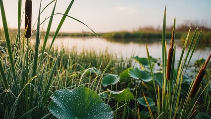 Beautiful wetlands landscape with dew on leaves celebrating world wetlands day