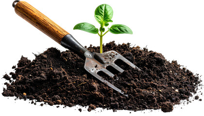 A small plant sprouting next to a gardening tool in a pile of soil