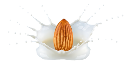 Almond dipped in milk splash isolated on transparent background