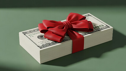 gift wrapped money with red bow on green background