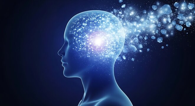 Human Head with Glowing Brain and Exploding Particles Representing Ideas and Intelligence.