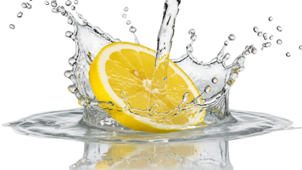 Lemon slice splashing into water isolated on transparent background