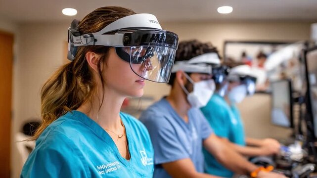 Immersive Learning: Students Experience Virtual Reality: A group of engaged students utilizes VR headsets, fully immersed in a virtual learning environment, showcasing modern educational methods.