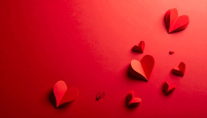 Several folded paper hearts of varying sizes are scattered on a rich red background, creating a romantic atmosphere