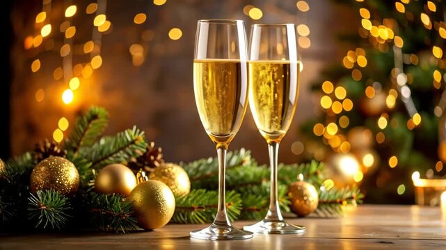 Two champagne flutes with golden bubbles, festive ornaments and a blurred background of lights, celebrating a special occasion.