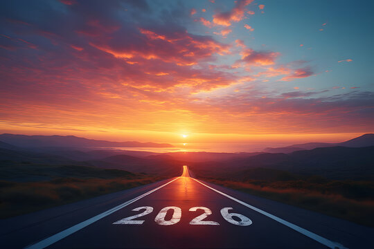 A scenic highway stretching towards the dawn of 2026 under a breathtaking sky