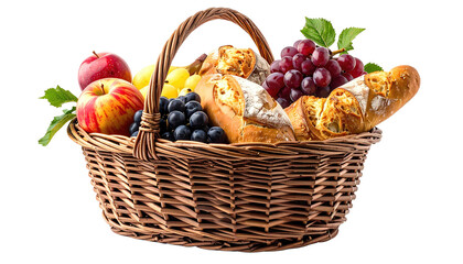 A woven basket overflows with fresh fruit and artisan bread