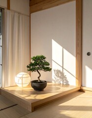 Serene interior showcases a bonsai on a wooden platform. Sunlight casts a shadow on the wall. A spherical lamp rests nearby