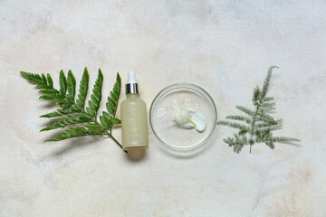 Composition with bottle of essential oil, plant leaves and Petri dish on light background
